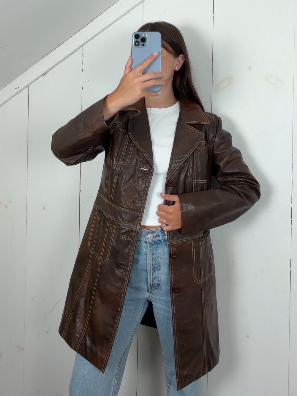 Wilsons Leather Dark Brown Long Leather Coat with Contrast Stitching
